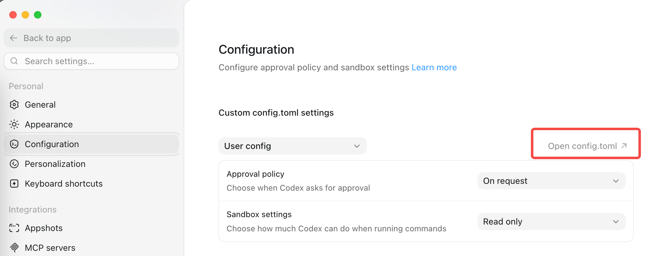 在 Codex 桌面端中打开 config.toml